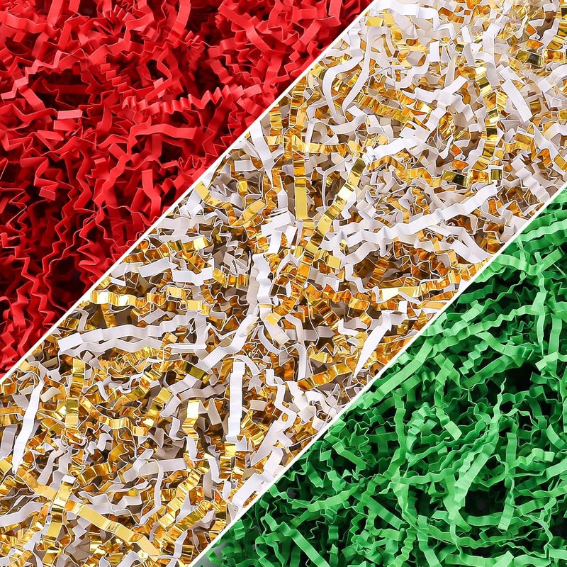 GlyinnHe Christmas Crinkle Cut Paper Shred 300g/10.6oz - Red, Green, Gold Raffia Confetti Filler for Gift Baskets, Boxes, Xmas Party Supply - Image 1